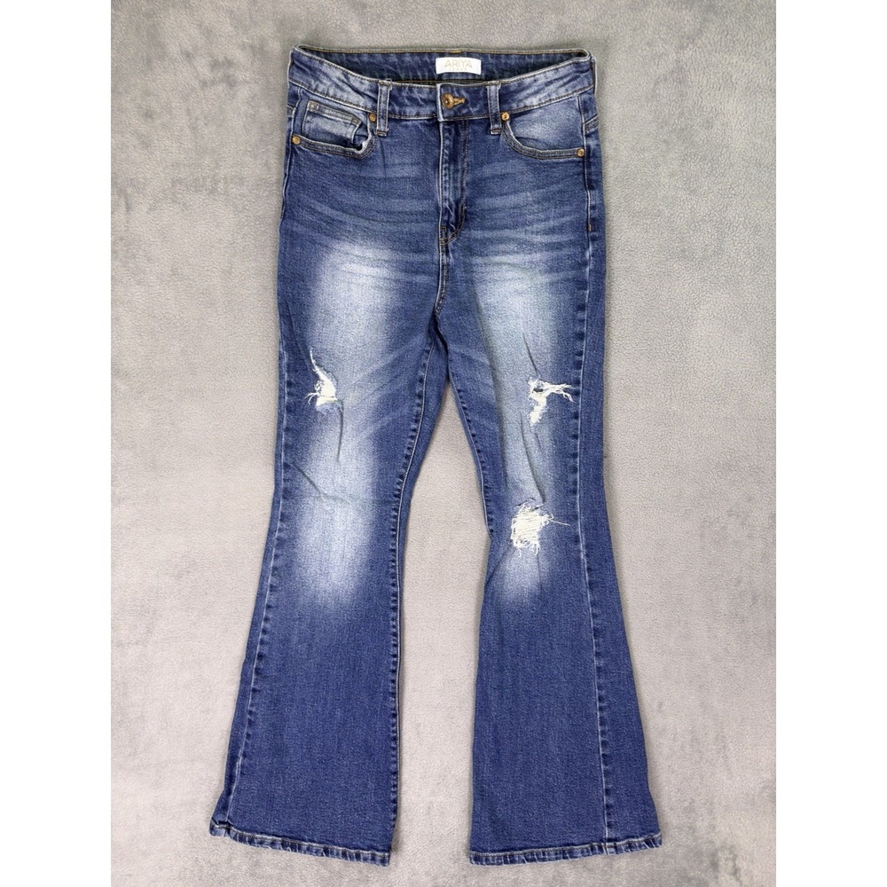 Ariya Jeans Womens 27 Blue Flared Dark Wash Distressed Denim High Rise Stretch